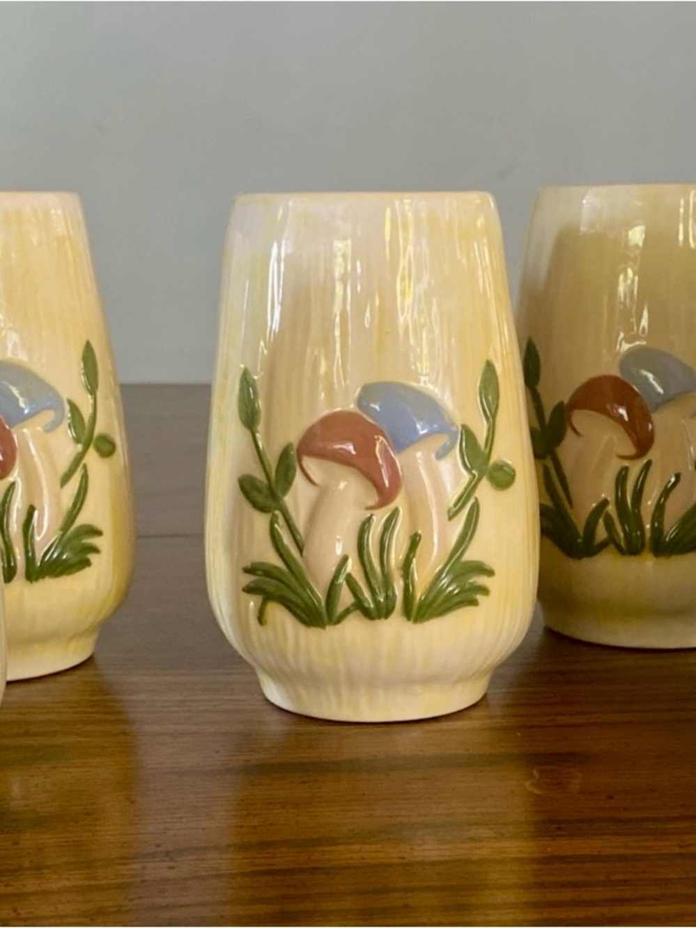 RARE Vintage 1970s Arnel's Ceramic Mushroom Tumblers - Set of 5 Yellow with Blue